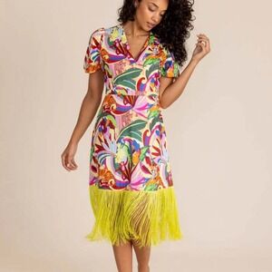 Alden Adair Louisa Rainforest Fringe Midi Dress Animal‎ Colorful NWT Women's XS